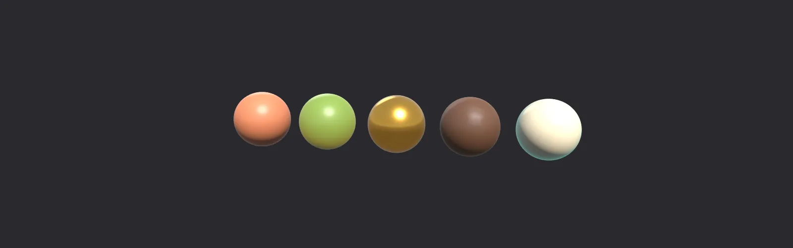 Five spheres showing the skin, clay, metal, leather and subsurface finishes