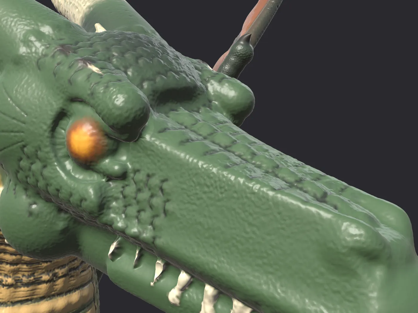 The same dragon's head after detail: scales, wrinkles and a pebbled skin
