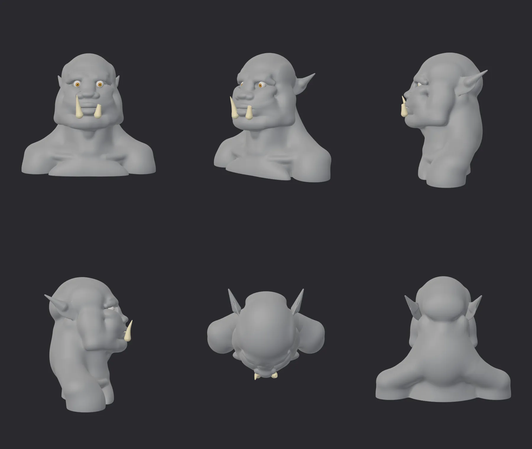 The orc bust's first blockout seen from eight angles: rough head, neck and shoulders in plain clay