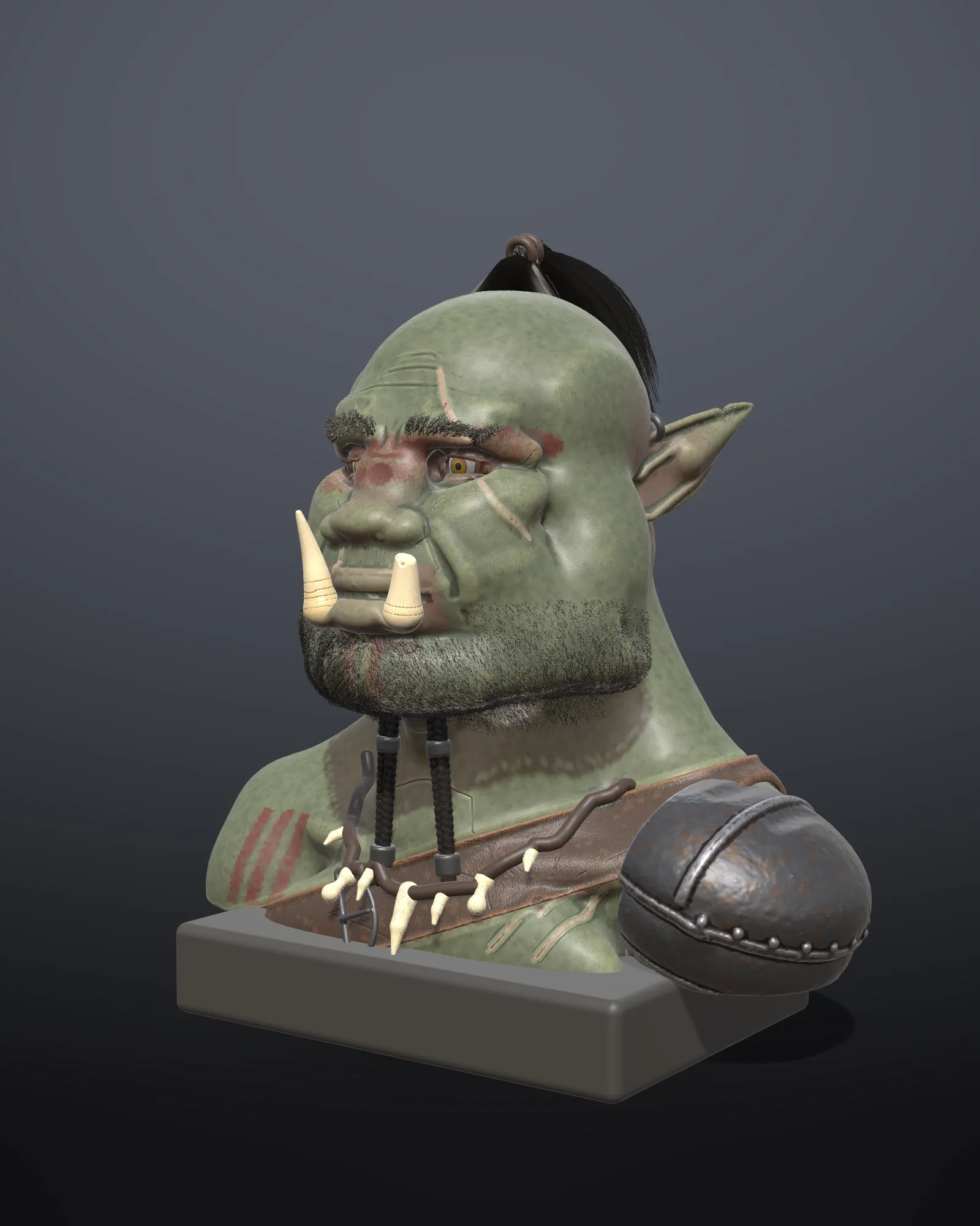 An orc bust with tusks, a topknot, a bone necklace and a leather pauldron, on a plinth